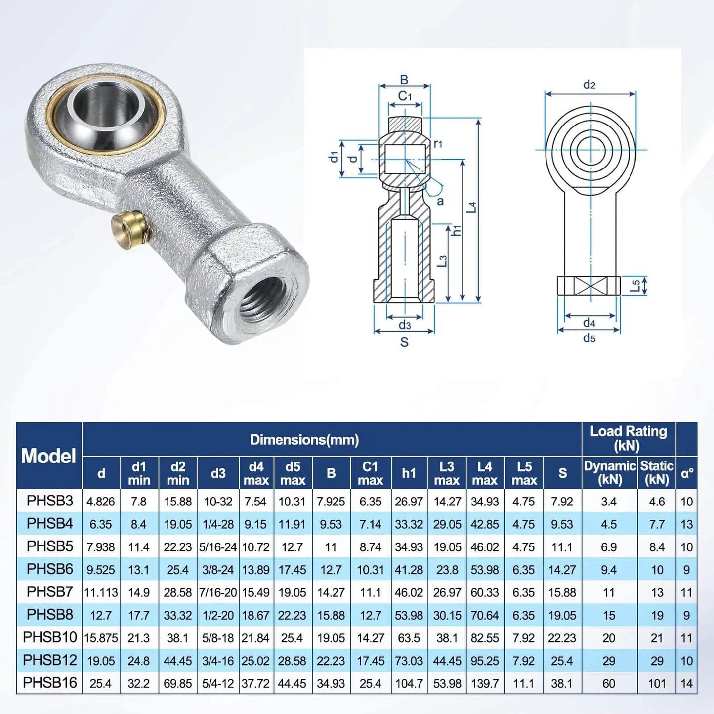 Rod End Bearings 2 Pack PHSB4 1/4 Inch Bore 1/4-28 Right Hand Thread displayed with technical diagram and specifications