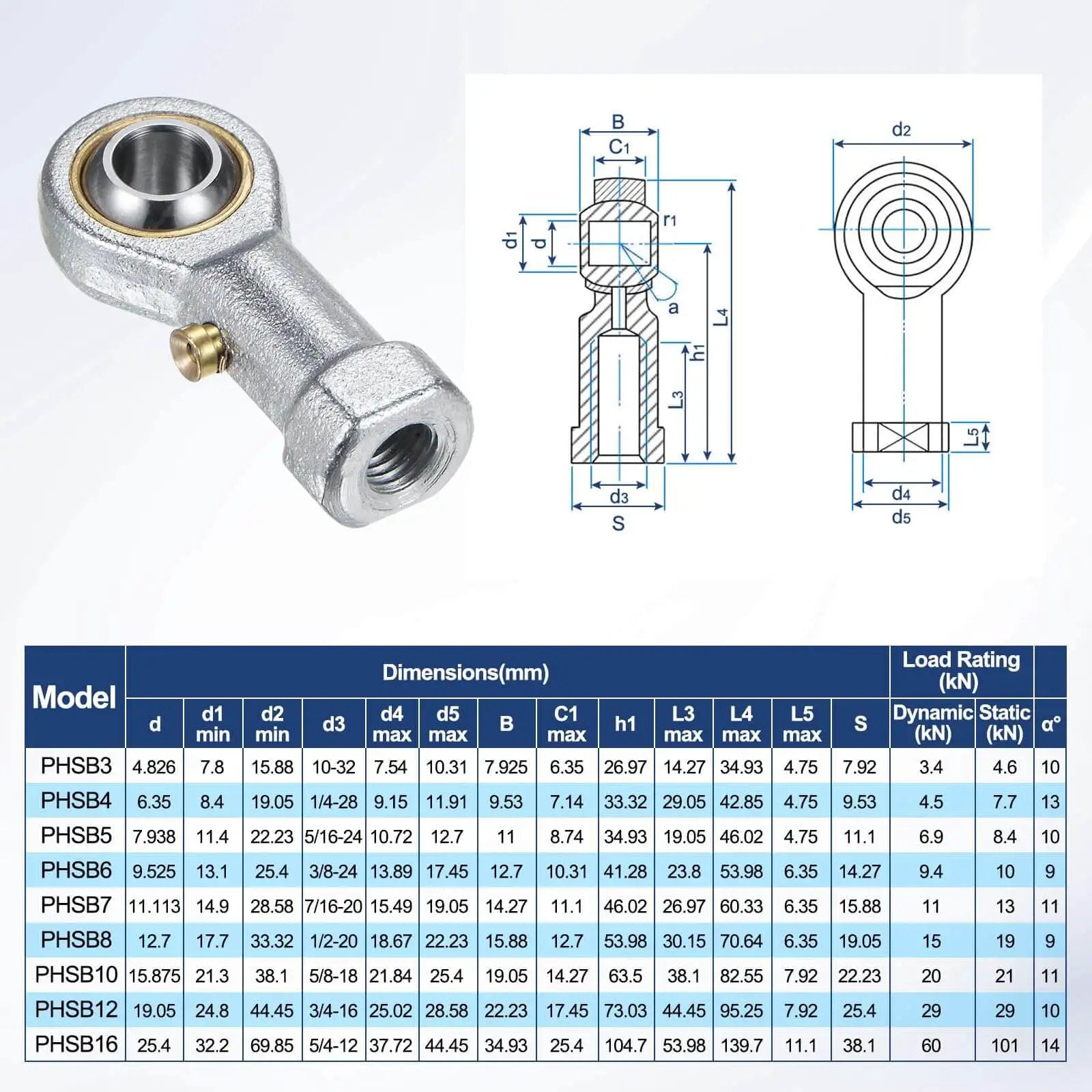 Rod End Bearings 2 Pack PHSB4 1/4 Inch Bore 1/4-28 Right Hand Thread displayed with technical diagram and specifications