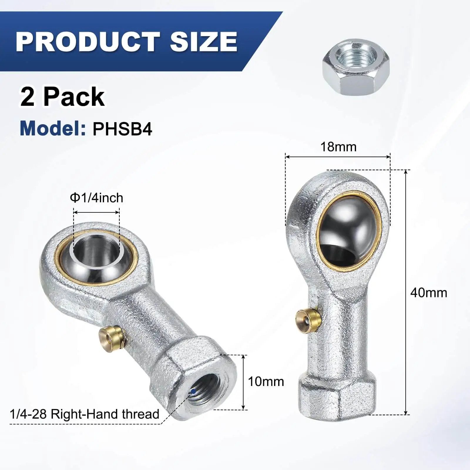 Rod End Bearings 2 Pack PHSB4 1/4 Inch Bore 1/4-28 Right Hand Thread Self Lubricating Female Thread Steel Joint With Jam Nuts