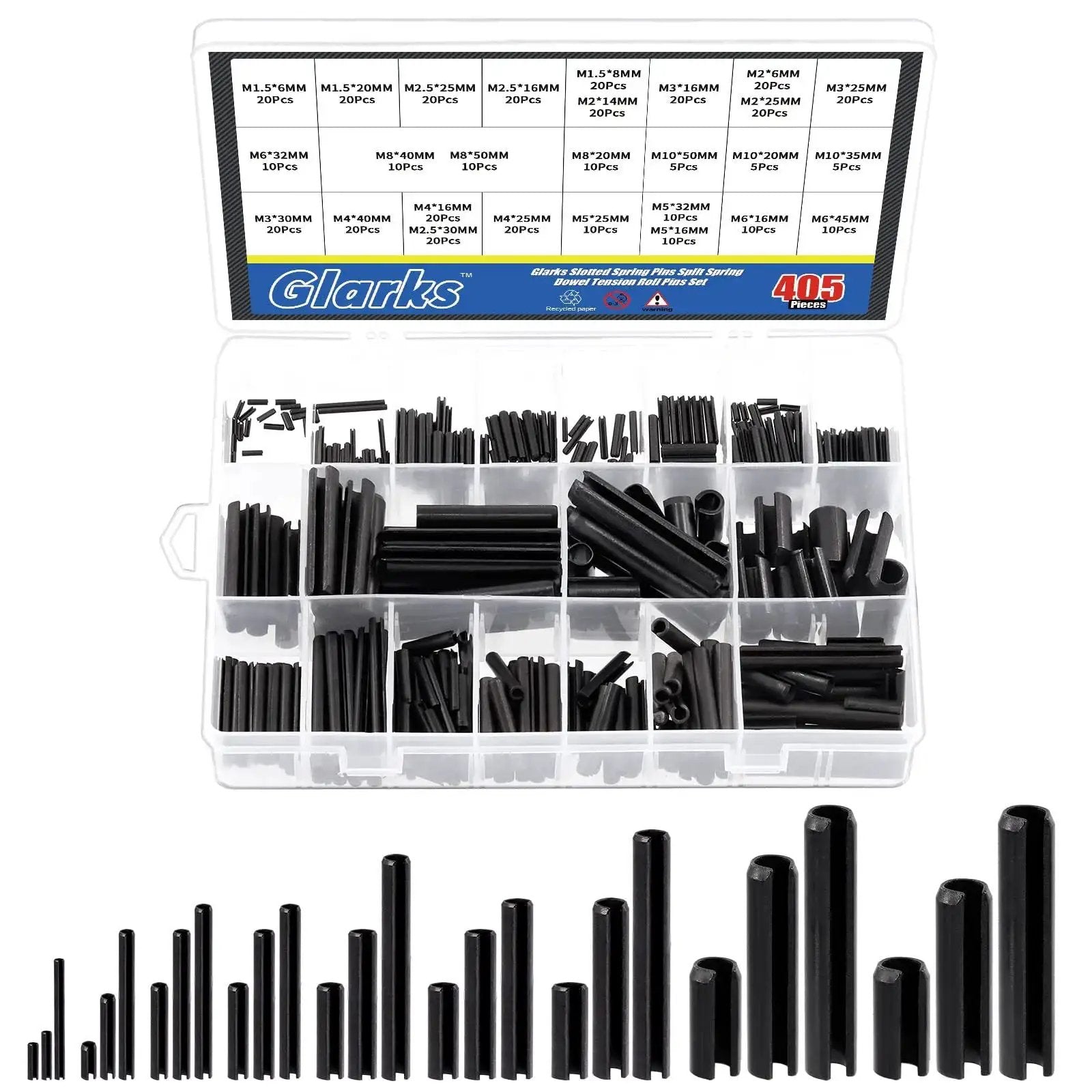 Roll Pin Assortment Kit Glarks Must Have 405 Pieces In 27 Sizes Slotted Spring Pins displayed in labeled plastic case