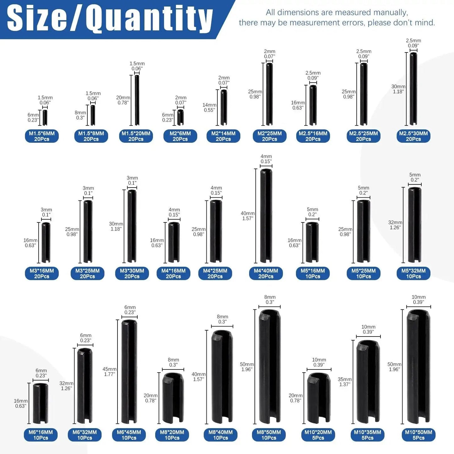 Roll Pin Assortment Kit Glarks Must Have 405 Pieces In 27 Sizes Slotted Spring Pins size chart