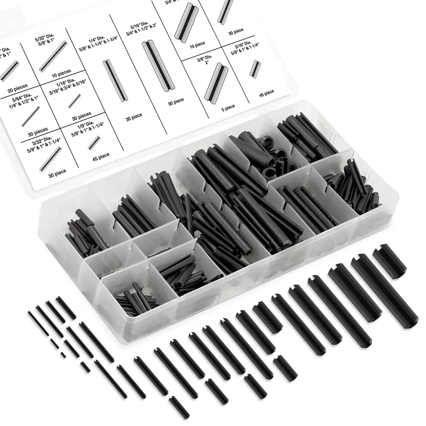 Roll Pin Assortment Set With Storage Case 315 Pieces SAE Sizes Slotted Spring Steel Black Oxide Finish for DIY Projects