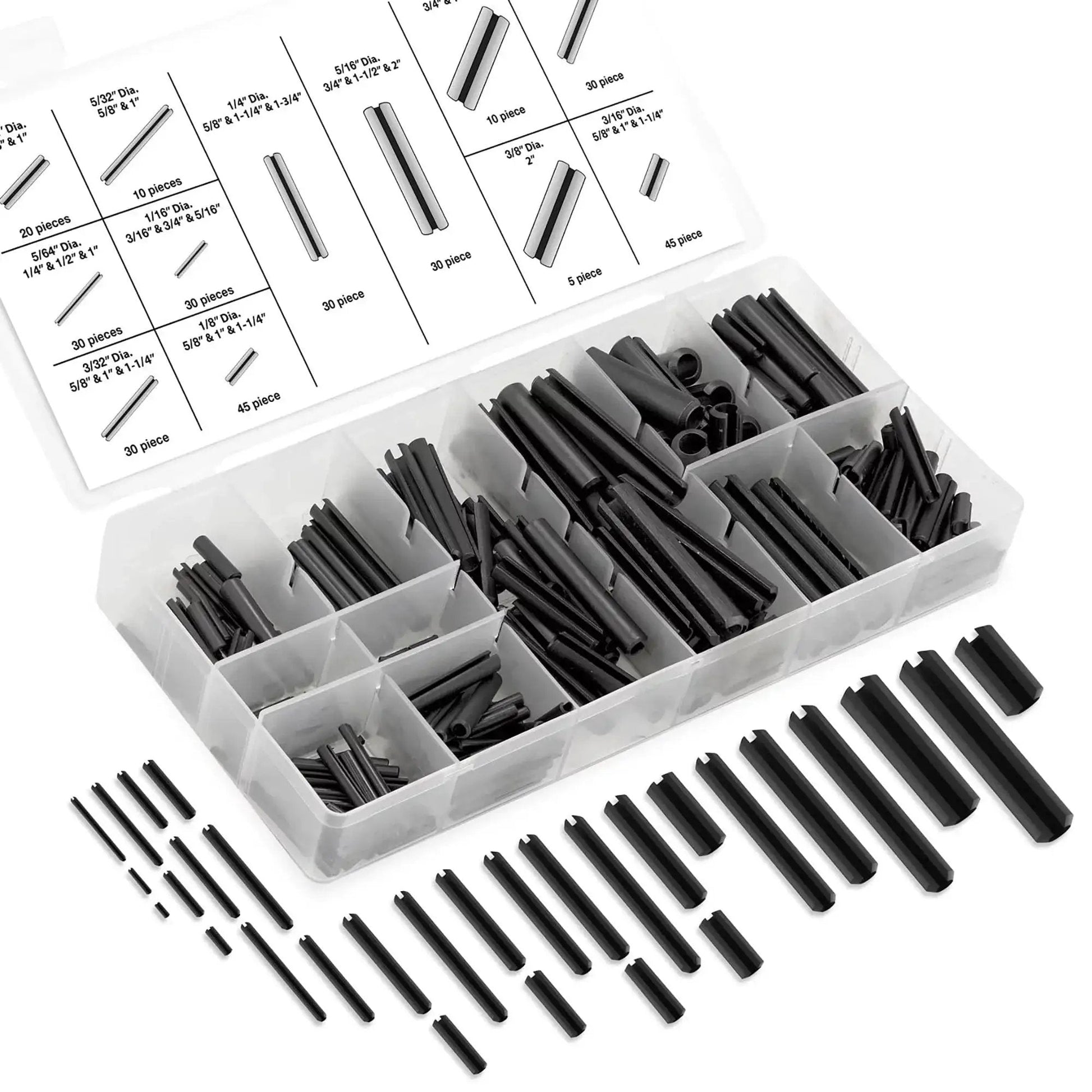 Roll Pin Assortment Set With Storage Case 315 Pieces SAE Sizes Slotted Spring Steel Black Oxide Finish for DIY Projects