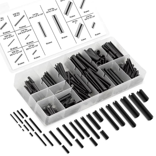 Roll Pin Assortment Set With Storage Case 315 Pieces SAE Sizes Slotted Spring Steel Black Oxide Finish for DIY Projects