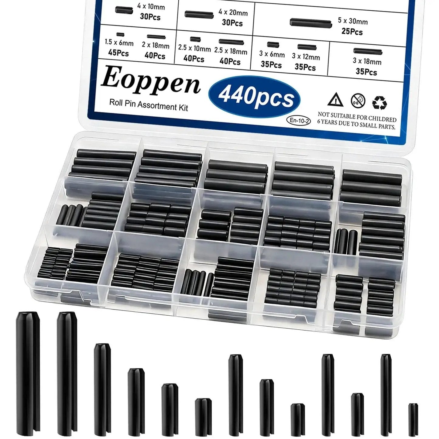 Roll Pin Assortment Kit With 440 Slotted Spring Pins In 13 Sizes M1.5 To M6 displayed in organized plastic box.