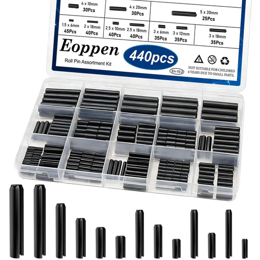 Roll Pin Assortment Kit With 440 Slotted Spring Pins In 13 Sizes M1.5 To M6 displayed in organized plastic box.