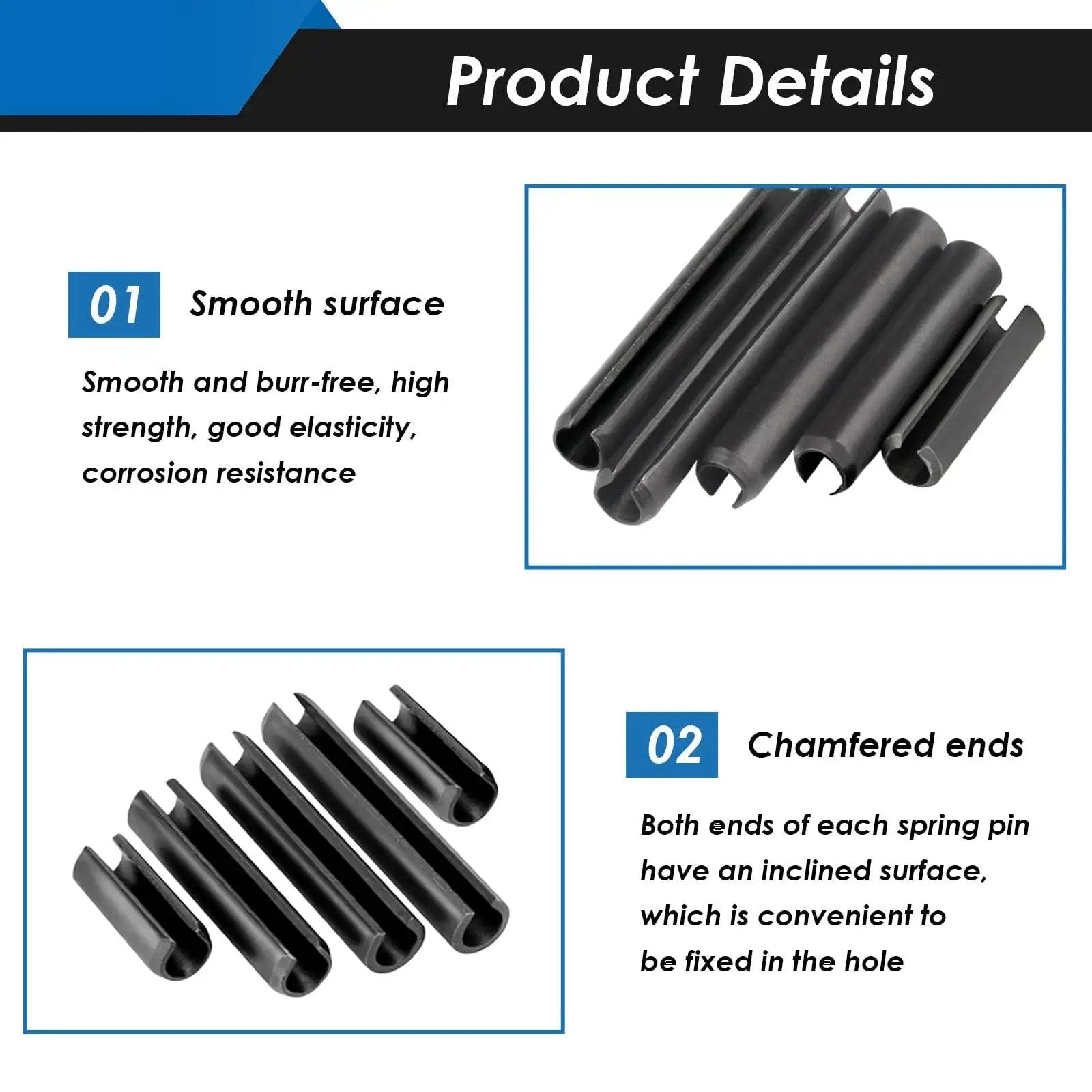 Roll Pin Assortment Kit With 440 Slotted Spring Pins In 13 Sizes M1.5 To M6, Carbon Steel With Black Oxide Finish, product details.