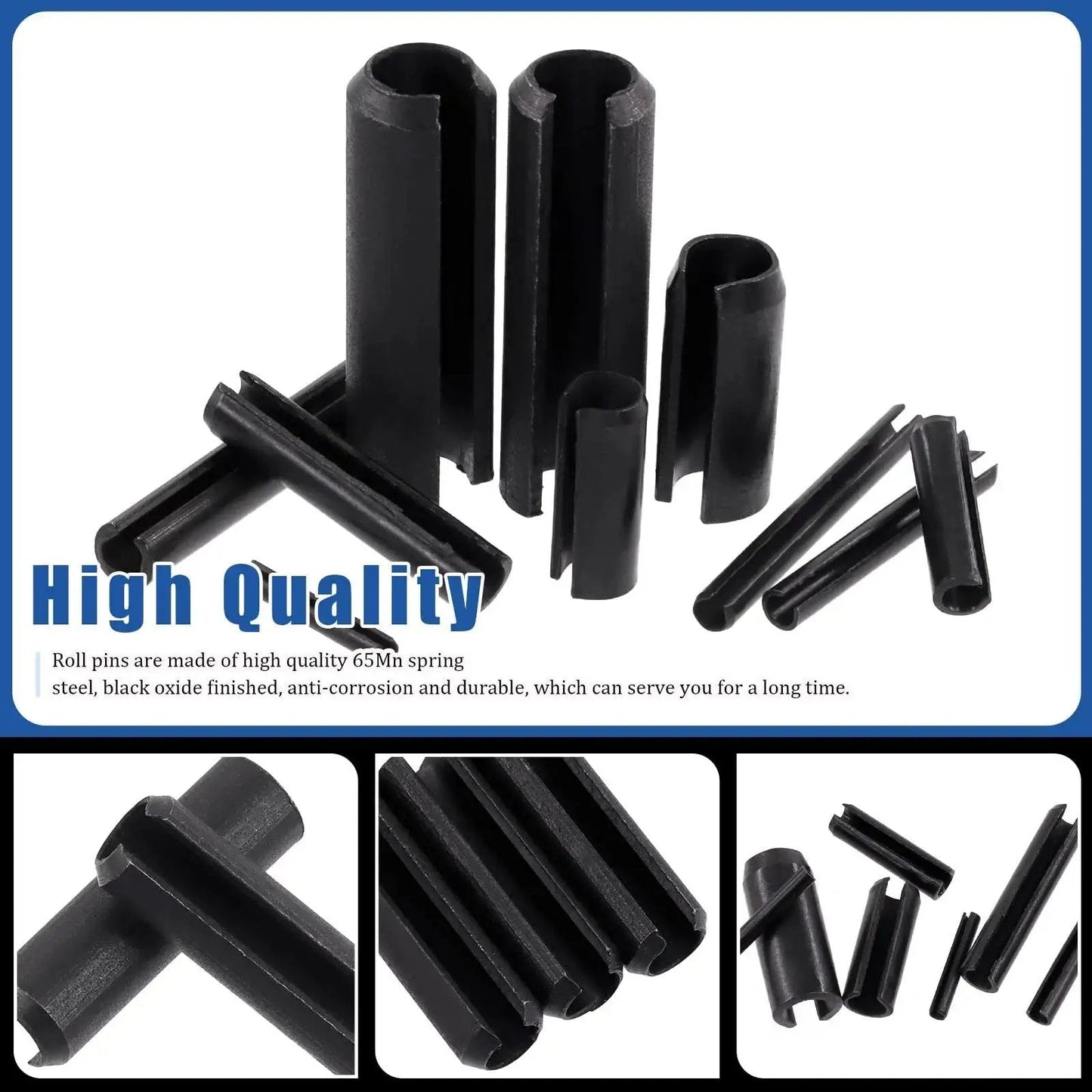 Huge 230 Piece Roll Pin Set In 11 Sizes For DIY Home Improvement And Auto Repair; close-up of black slotted spring pins M2-M10.