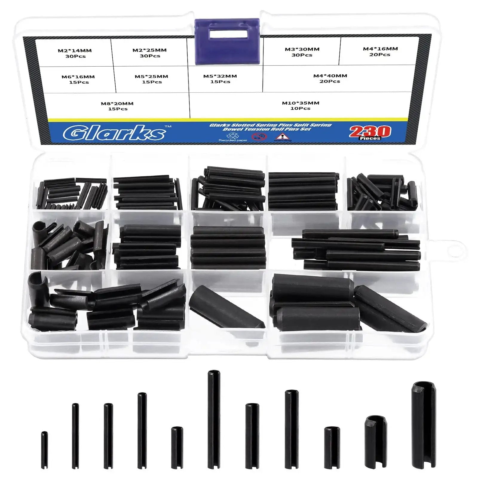 Huge 230 Piece Roll Pin Set in 11 Sizes for DIY Home Improvement and Auto Repair, durable 65Mn steel with black oxide finish by Glarks