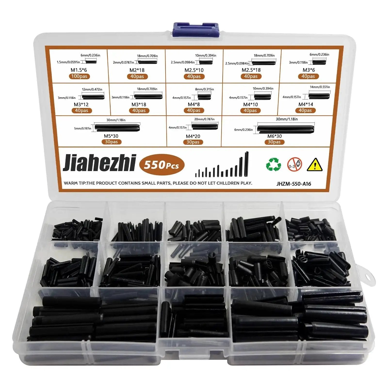 Roll Pin Set 550 Pcs Assortment Kit with Slotted Tension Pins Split Dowels Expansion Pins in 13 Sizes M1.5 M2 M2.5 M3 M4 M5 M6