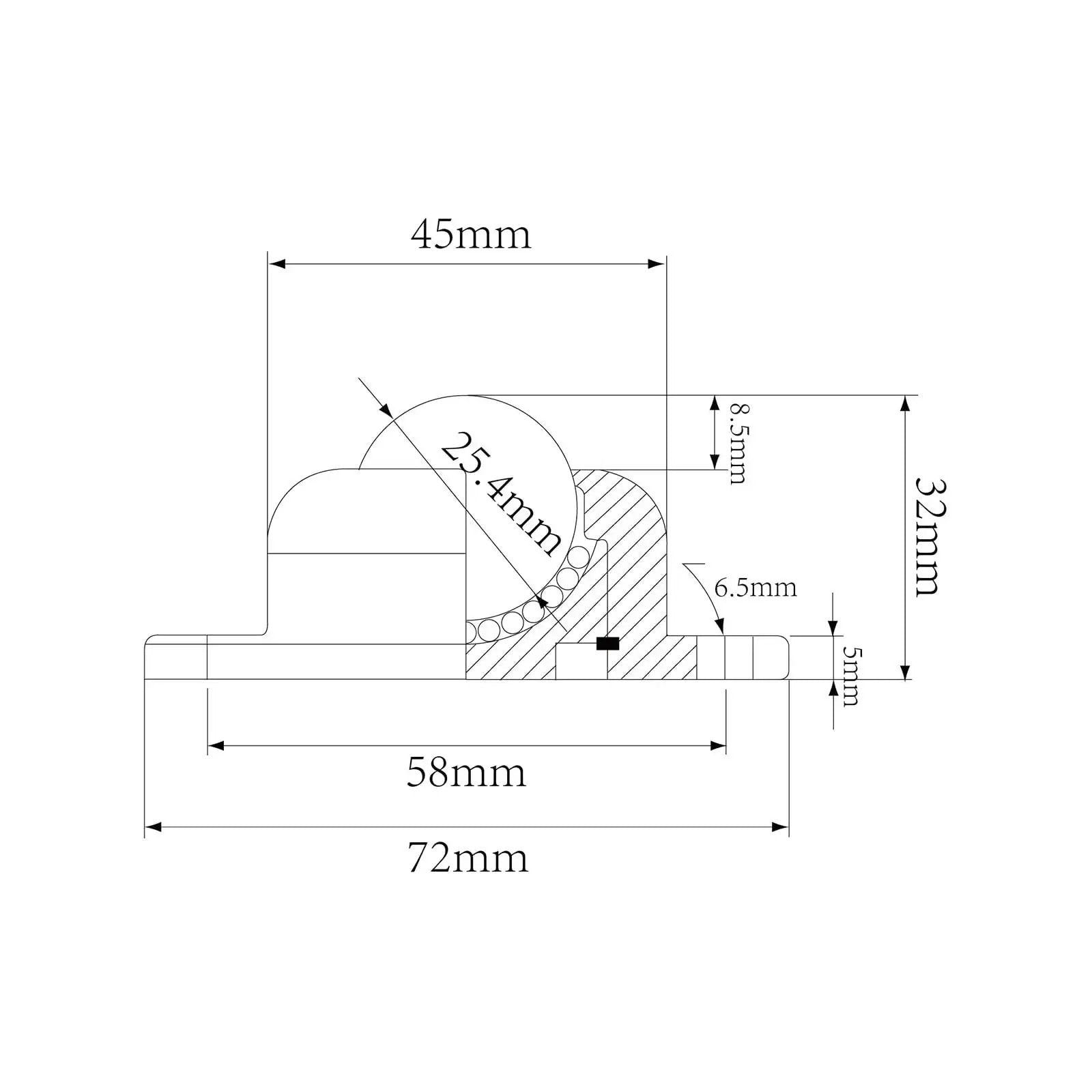 Technical diagram of Roller Ball Transfer Bearing Caster Flange Mounted Unit, showing dimensions and design for conveyors.