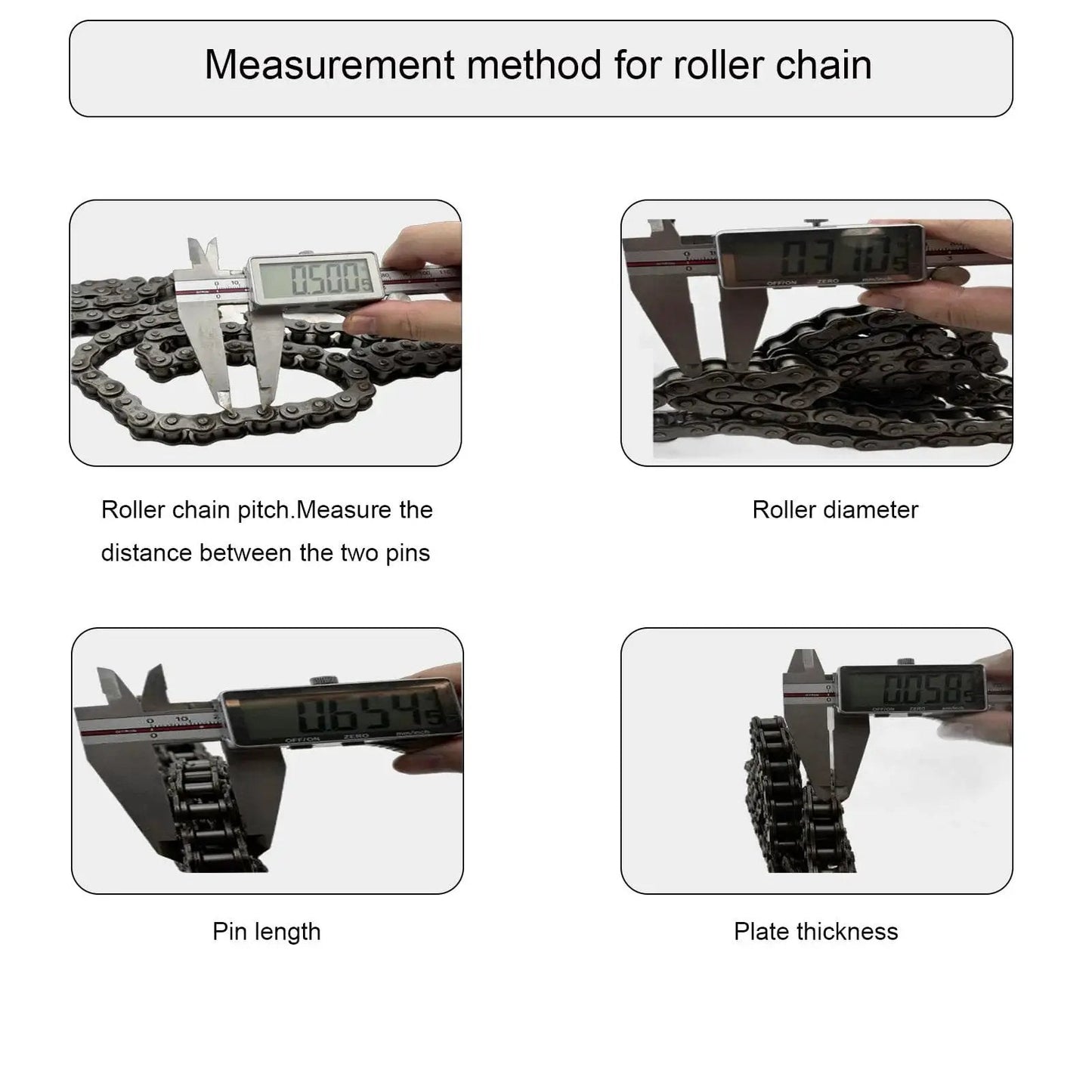 Measurement methods for roller chain pitch, diameter, pin length, and plate thickness with digital calipers.