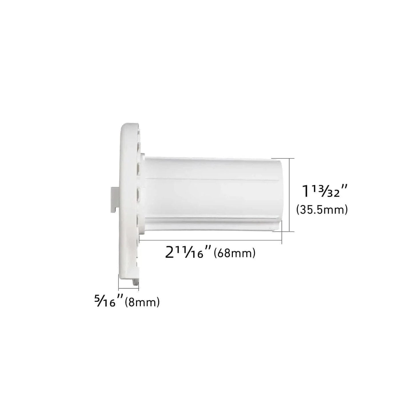 Side view of Roller Shade Clutch - Compatible with 1.5” (38mm) Shade Tubes, showing dimensions and white plastic material