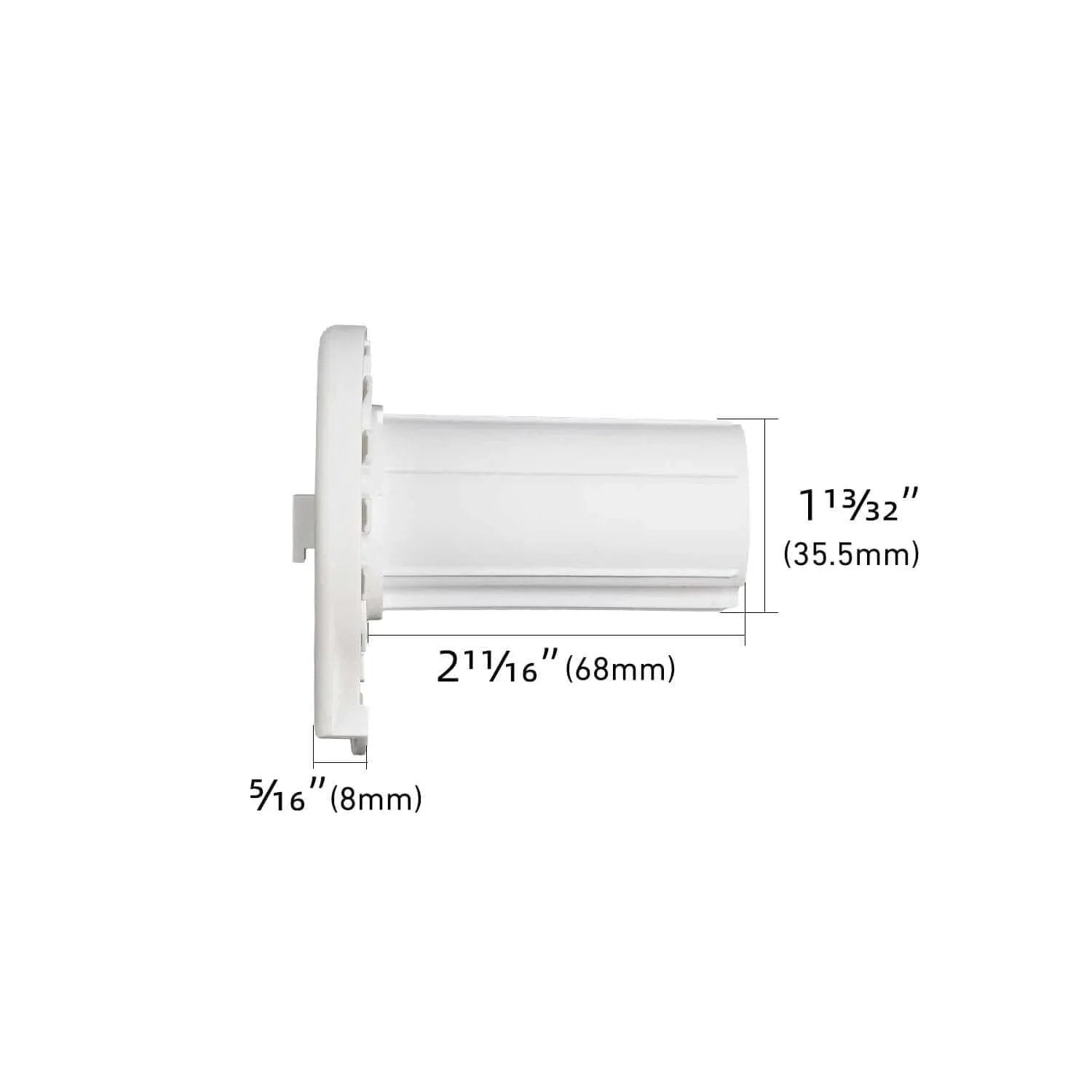 Side view of Roller Shade Clutch - Compatible with 1.5” (38mm) Shade Tubes, showing dimensions and white plastic material