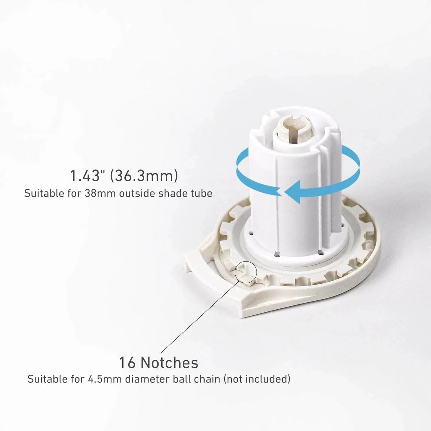 R16 Roller Shade Clutch for 1.5" Tube Roller Shade Brackets & Hardware, showing clutch with 1.43" diameter and 16 notches.