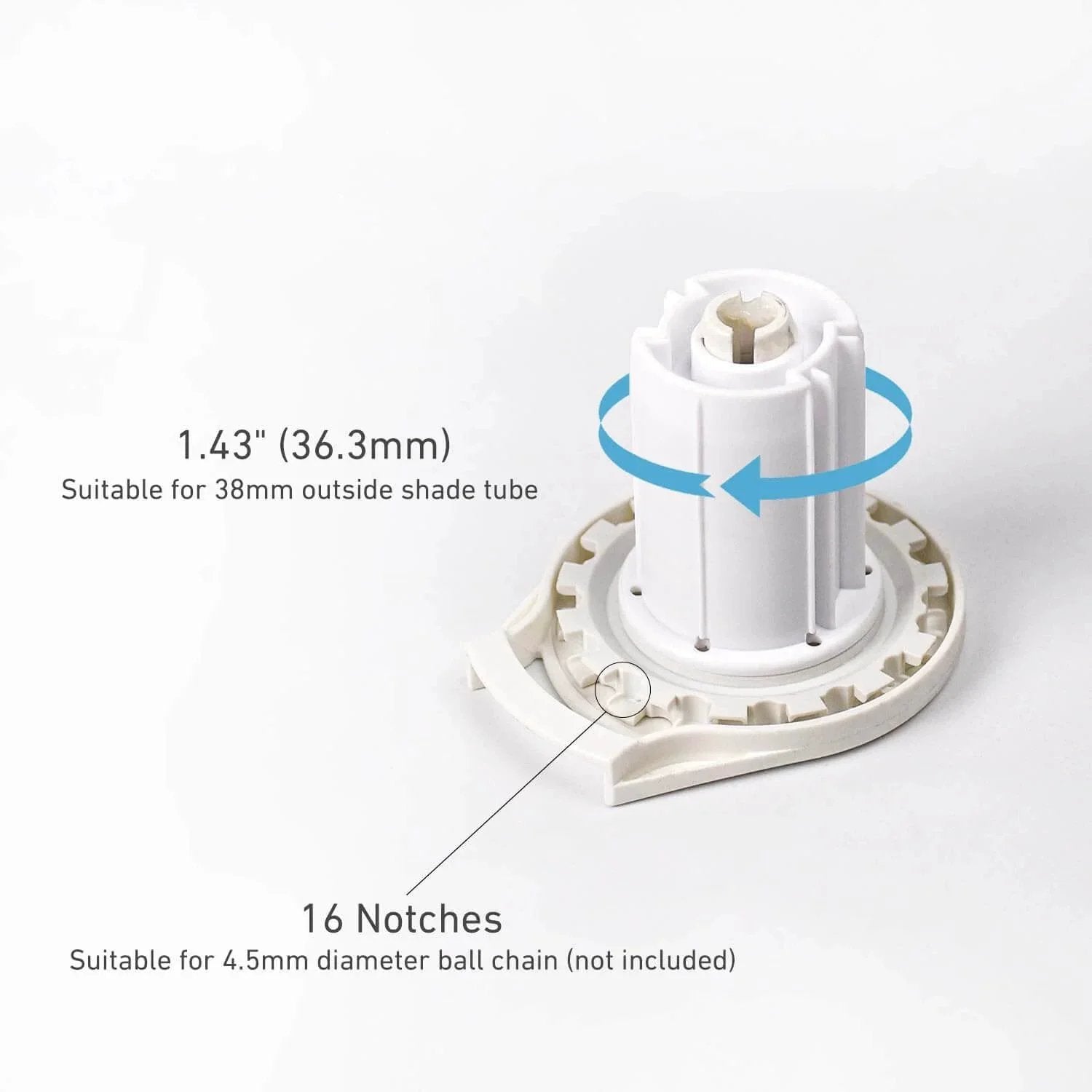 R16 Roller Shade Clutch for 1.5" Tube Roller Shade Brackets & Hardware, showing clutch with 1.43" diameter and 16 notches.