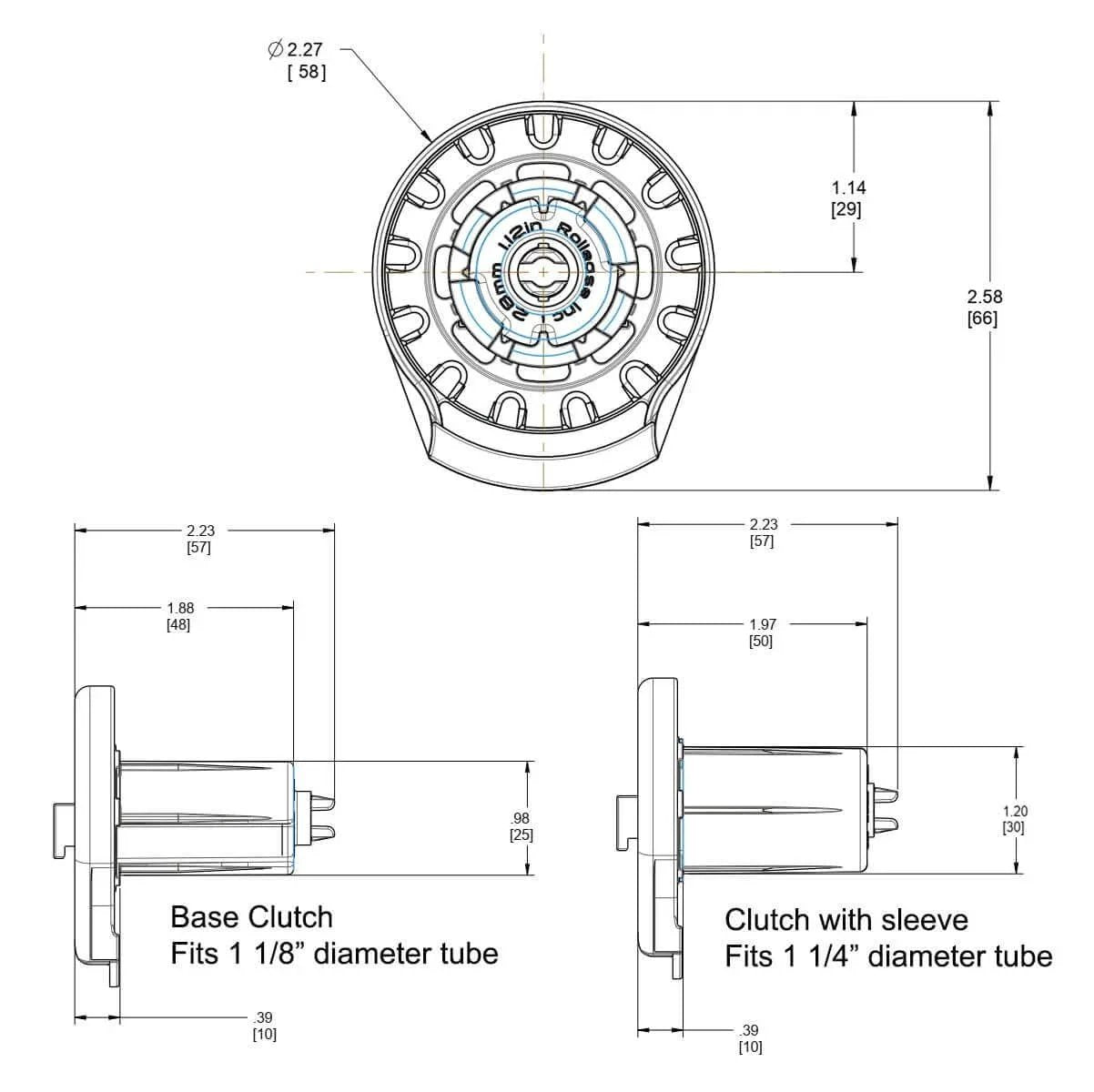Technical drawing of Kyline SL15 Roller Shade Clutch White for 1-1/8" to 1-1/4" tubes, showing dimensions and sleeve adapter.