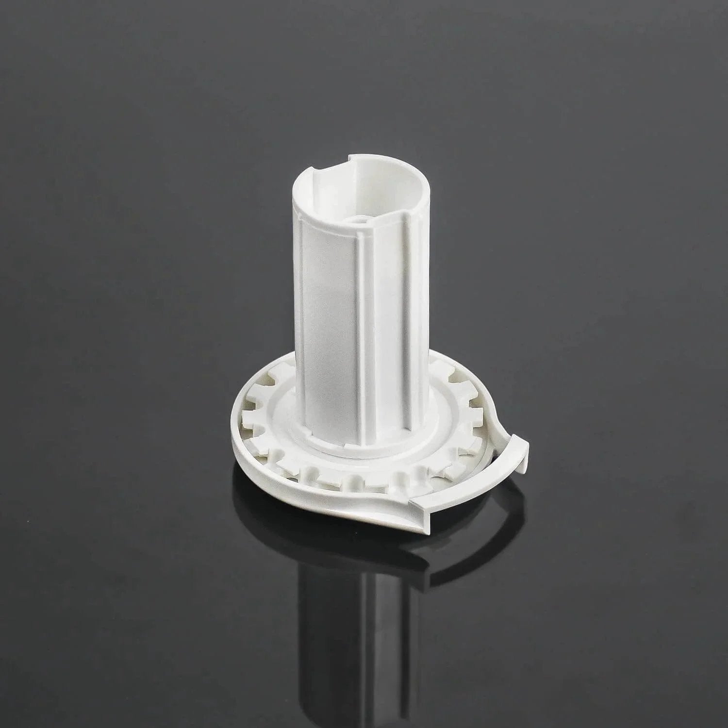 Front view of white plastic Roller Shade Clutch - Compatible with 1.5” (38mm) Shade Tubes, Ideal for Roller Shades on black background.