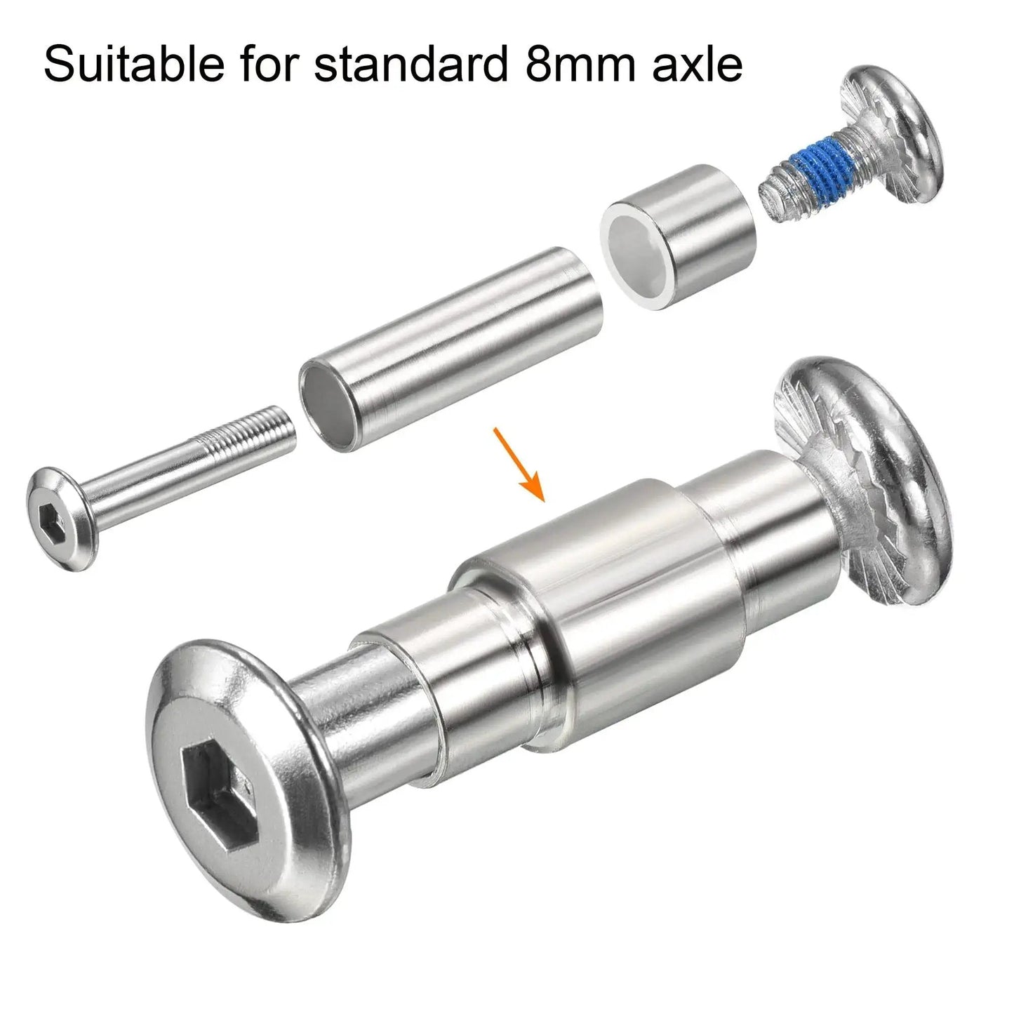 Inline Skate Axle Bearing Spacers Kit, 8 Pack, Aluminum 6mm Axle Spacers 24mm Long, Silver, for Roller Skates, exploded view of components