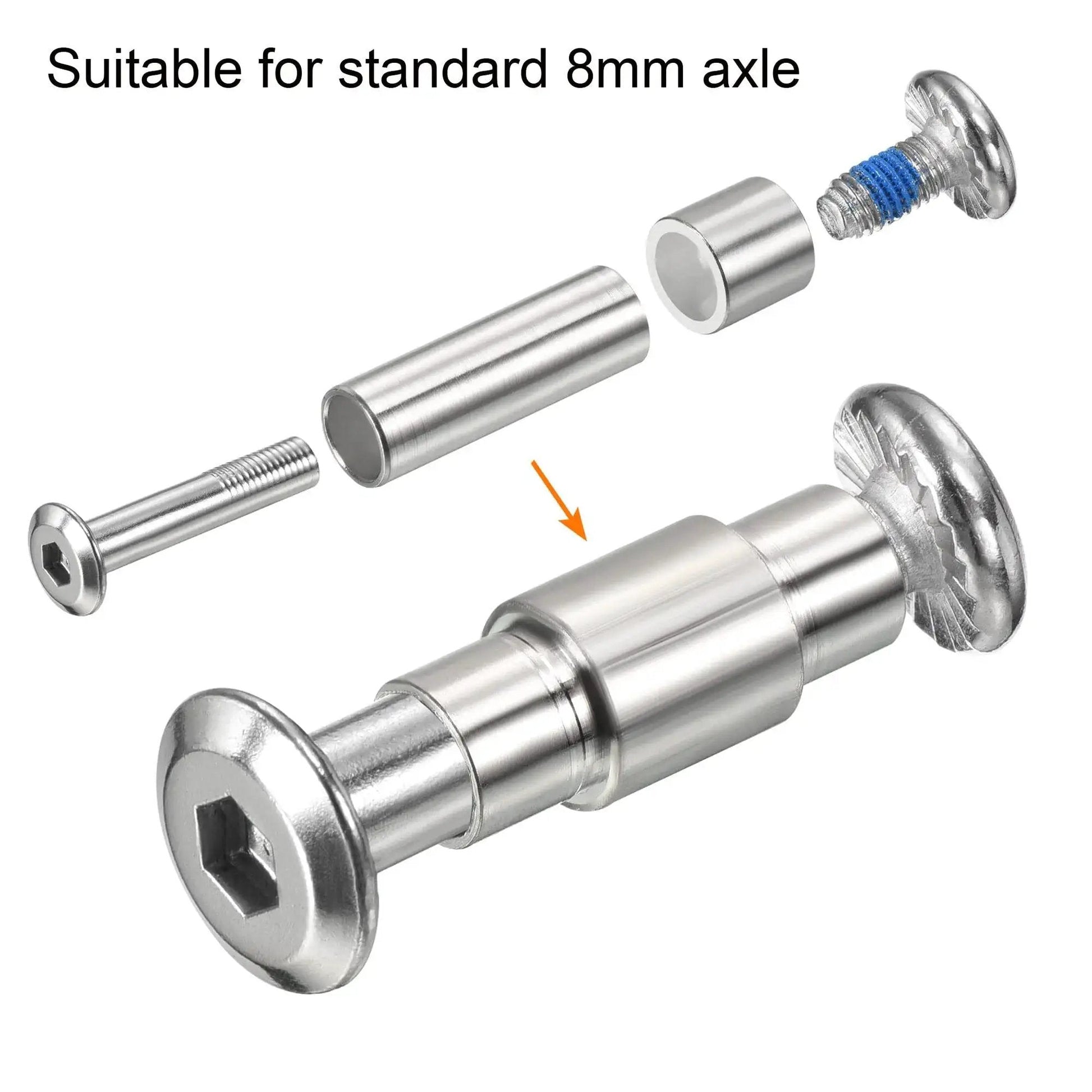 Inline Skate Axle Bearing Spacers Kit, 8 Pack, Aluminum 6mm Axle Spacers 24mm Long, Silver, for Roller Skates, exploded view of components