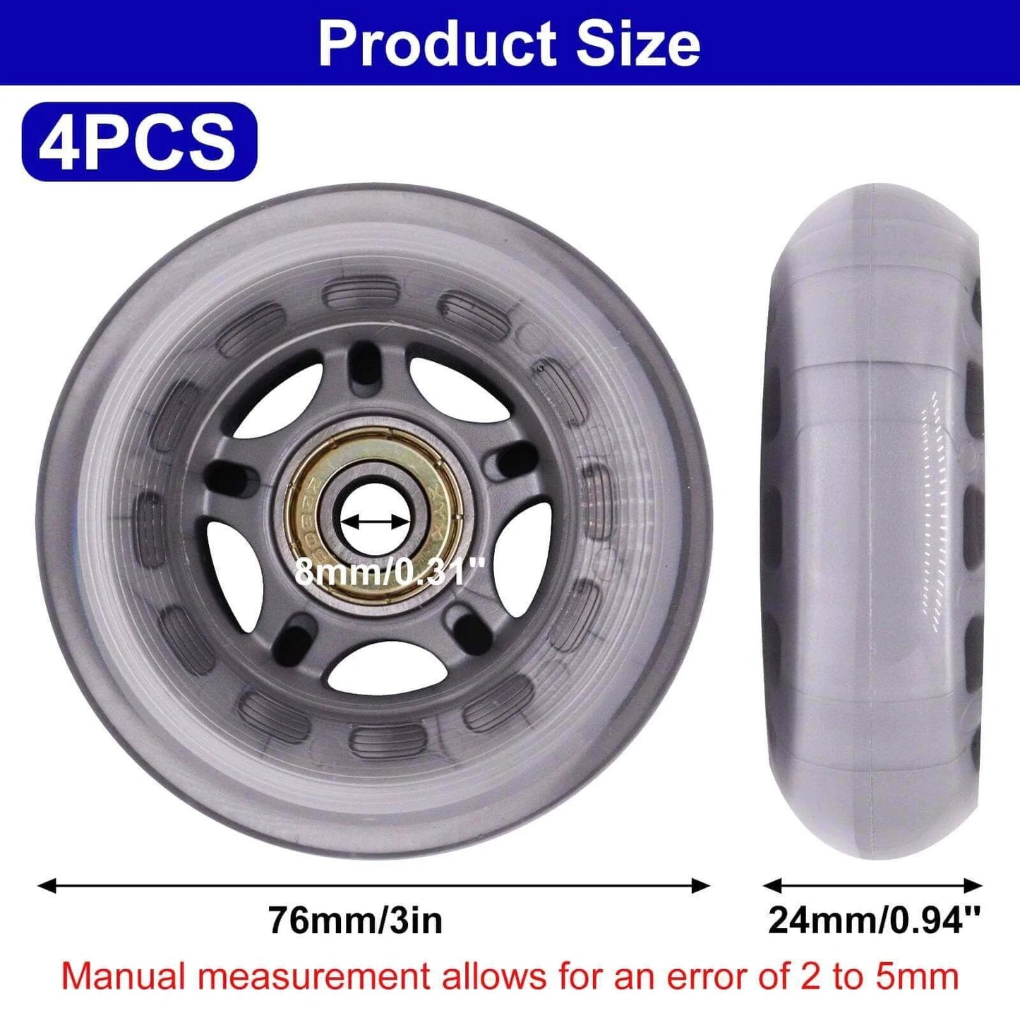 Inline Skate Wheels with Bearings, 3 Inch Roller Blade Wheels 76mm Outdoor and Indoor Clear Wheel for Office Chairs, Luggage
