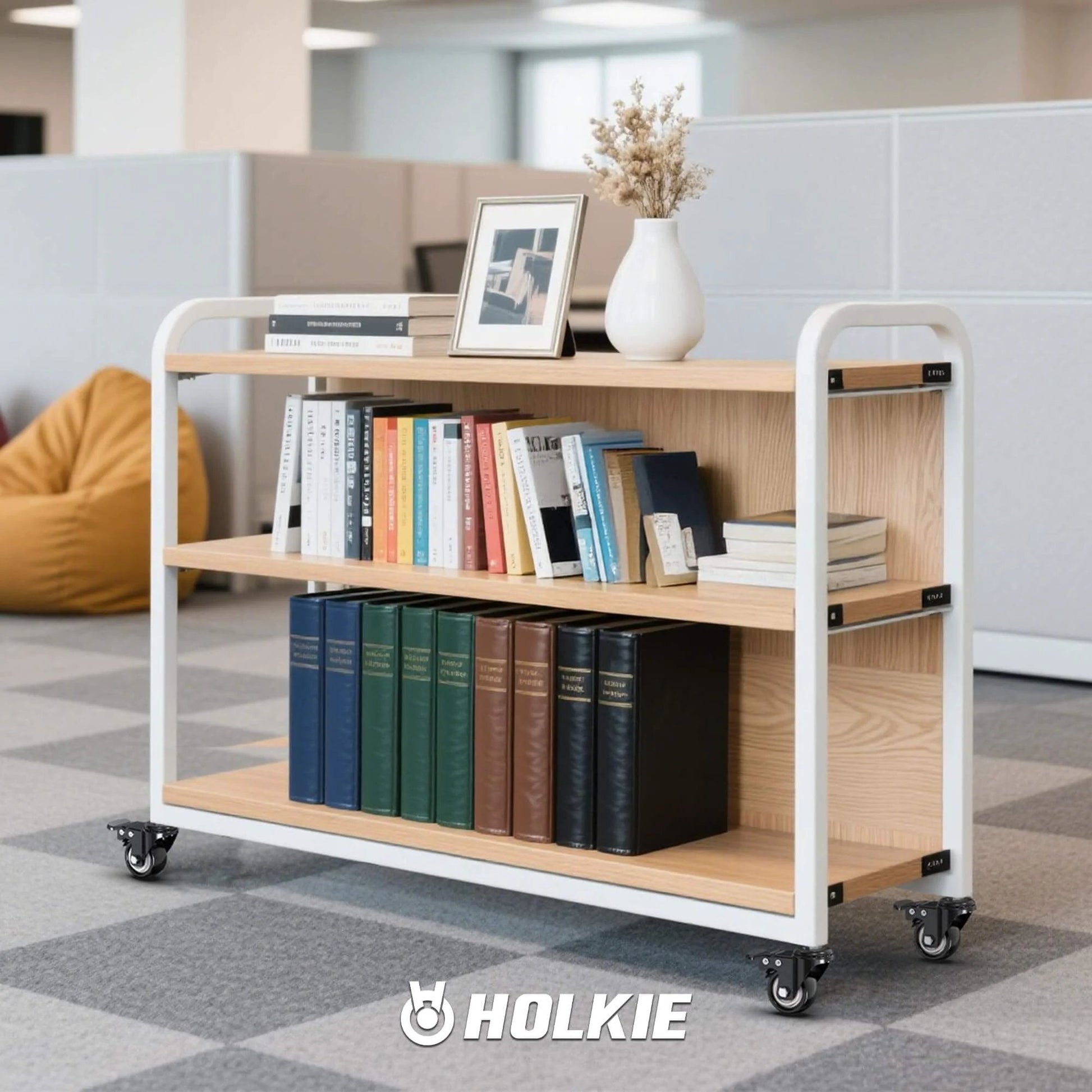 Rolling wooden bookshelf on 2 Inch Stem Caster Wheels Total Locking Set of 4 in modern office setting