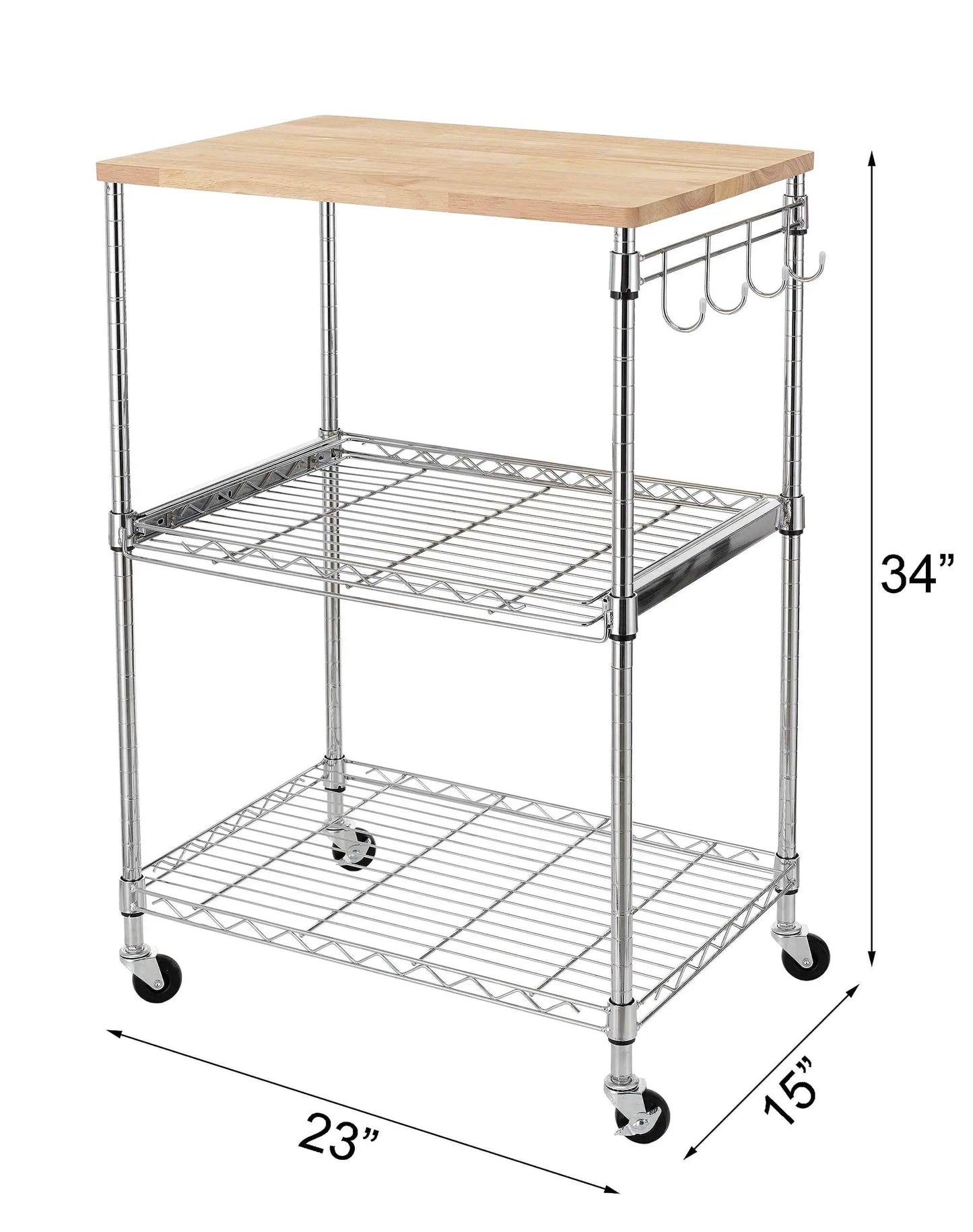 Heavy Duty 3 Tier Rolling Kitchen Cart Workhorse With Oak Wood Top And Drawer Slider Chrome Finish Four Wheels Hooks For Utensils 300 Lb Total Capacity Multi Function Kitchen Island Cart For Cooks And Caterers Finnhomy