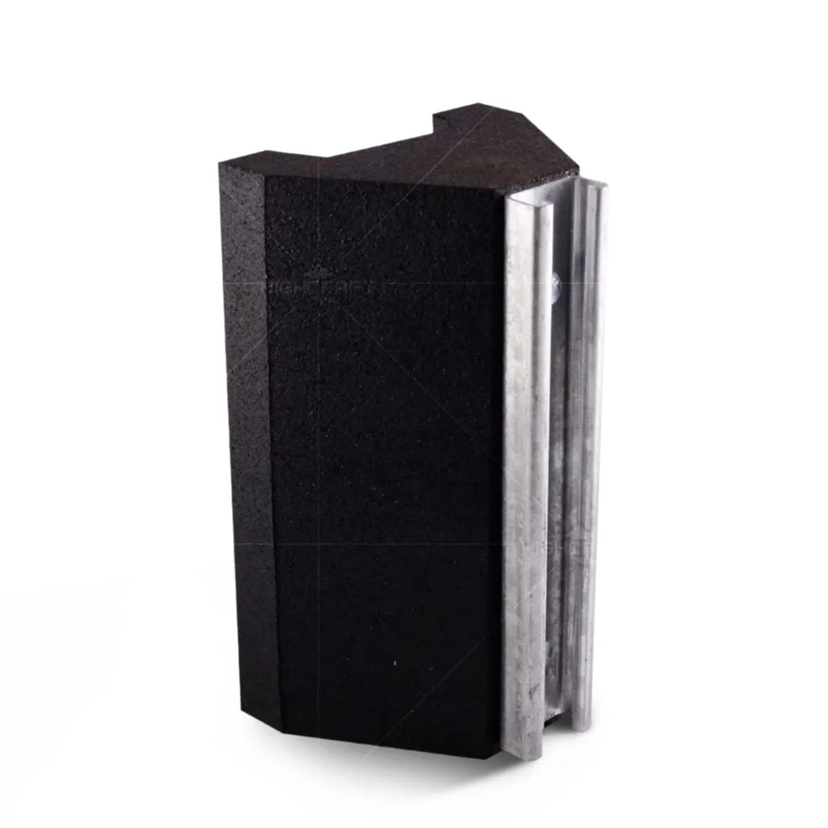 Rooftop Pipe Support Block Highcraft Heavy Duty With Galvanized Steel Strut For Piping Conduit And HVAC Mounts On Flat Roofs 750 Lb Capacity 5-3/4 In By 10 In Black Recycled Rubber Sleeper Curb Replacement side view showing black rubber and steel strut.