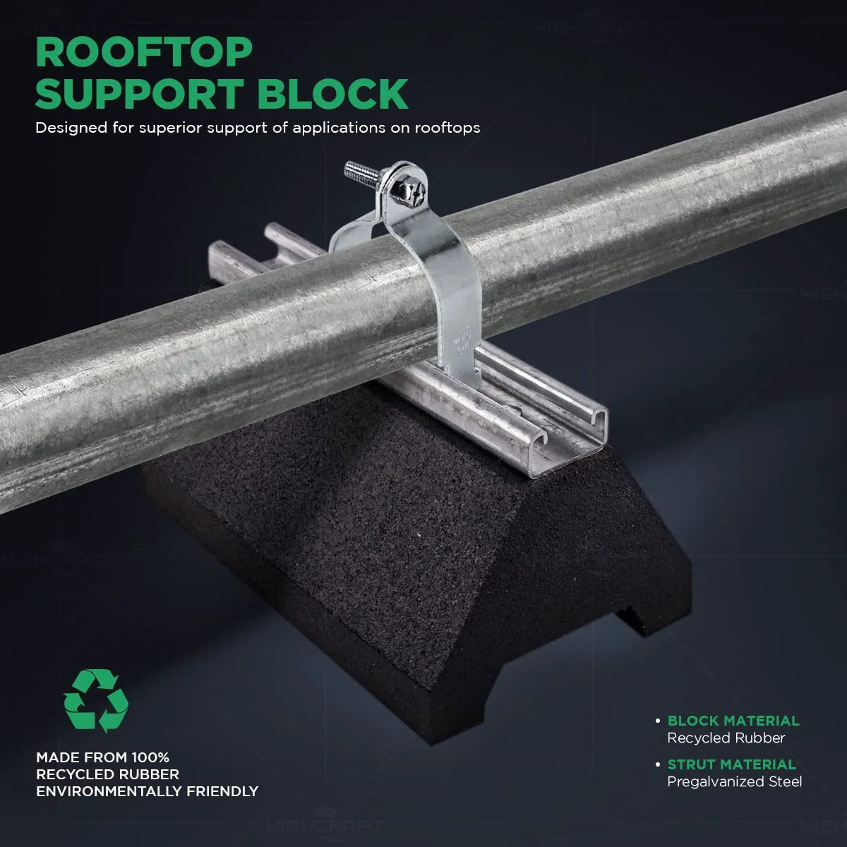 Rooftop Pipe Support Block Highcraft Heavy Duty With Galvanized Steel Strut For Piping Conduit And HVAC Mounts On Flat Roofs 750 Lb Capacity 5-3/4 In By 10 In Black Recycled Rubber Sleeper Curb Replacement mounted on pipe.