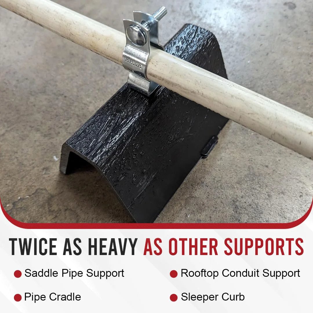 USA Made Cut To Length Rooftop Pipe Support For 6 Inch Pipes Heavy Duty Pipe Cradle And Conduit Mount 250 Lb Capacity 100 Percent Recycled Plastic Built To Last Roof Top Mounting Bracket Set 4 Pack close-up view of black pipe cradle with pipe attached
