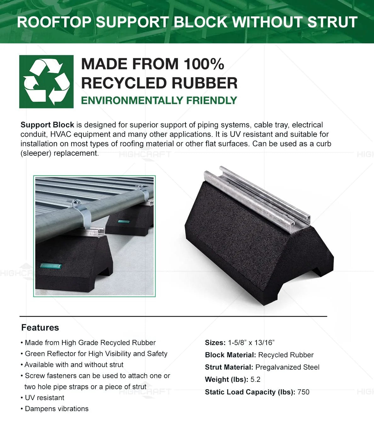 Rooftop Pipe Support Block Highcraft Heavy Duty With Galvanized Steel Strut For Piping Conduit And HVAC Mounts On Flat Roofs 750 Lb Capacity 5-3/4 In By 10 In Black Recycled Rubber Sleeper Curb Replacement, side view with strut.