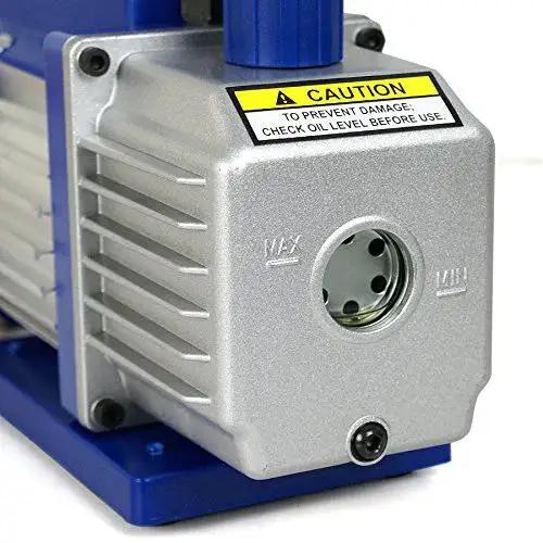 Close-up of 3.5 CFM Single Stage Rotary Vane Vacuum Pump For HVAC Auto AC Refrigerant Recharging With R134a, showing aluminum casing and oil sight glass.