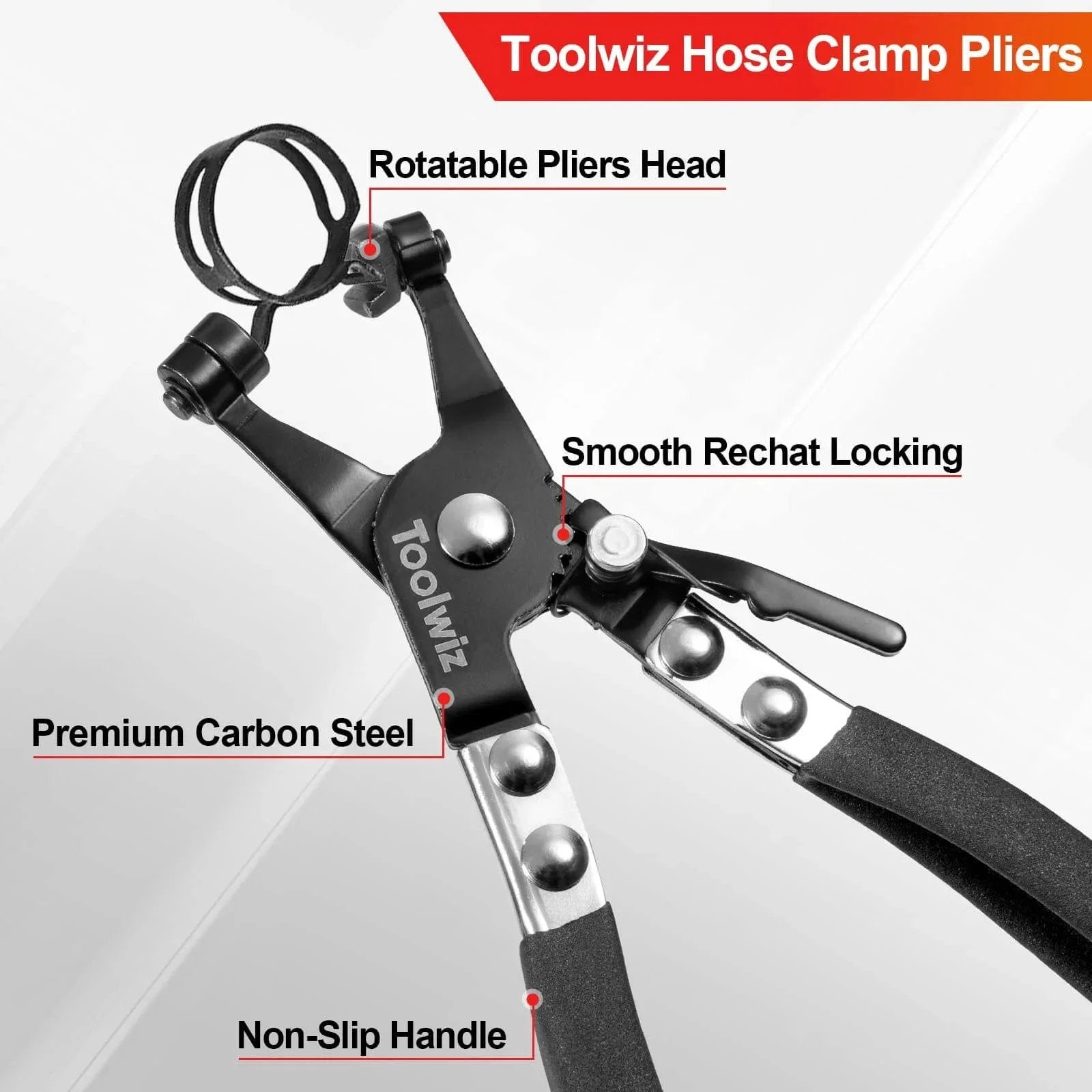 Heavy Duty Hose Clamp Pliers with Locking Device and Non Slip Handle, carbon steel construction, for automotive and HVAC applications