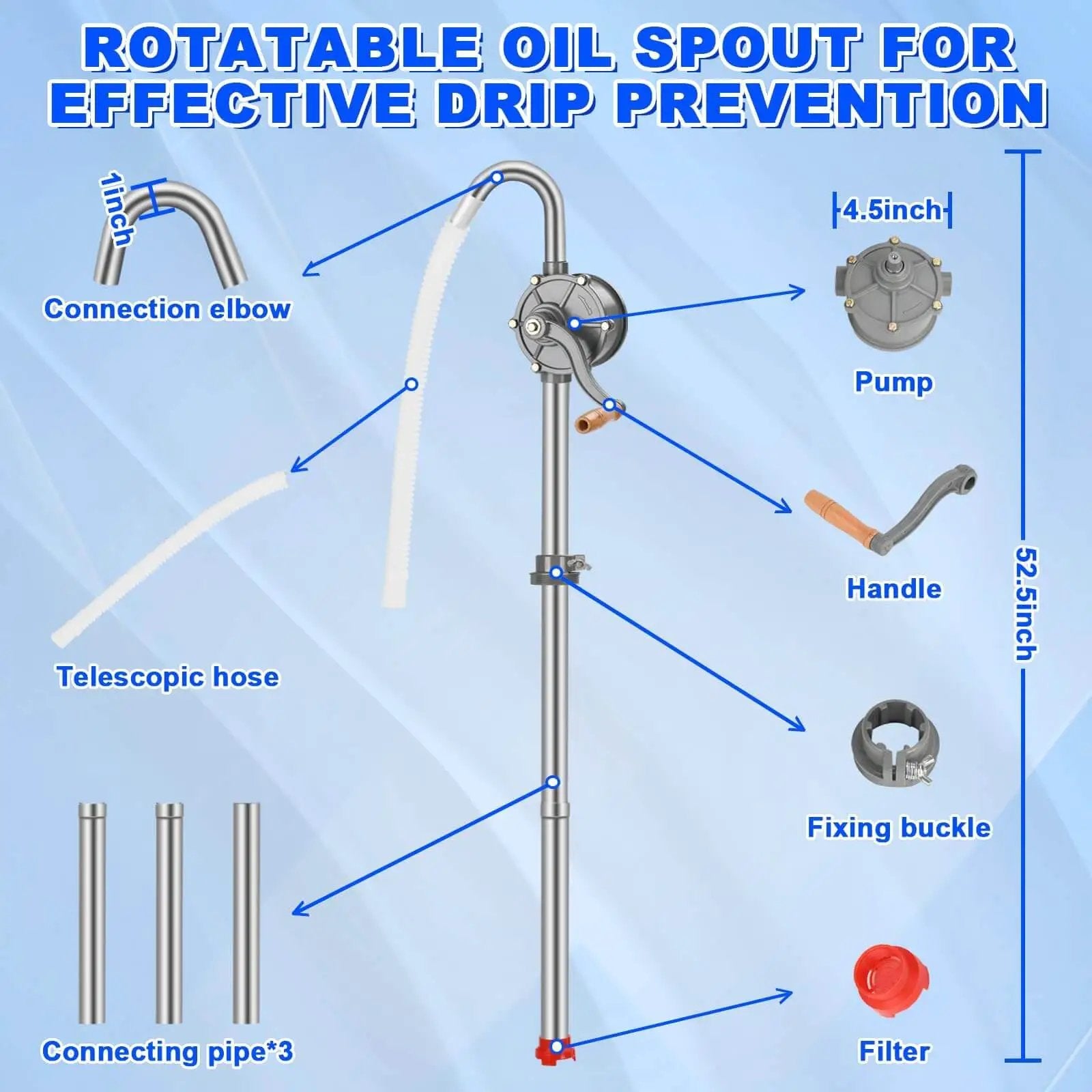 Diagram of 55 Gallon Drum Pump For Oil, Diesel, Kerosene, And Hydraulic Fluid, Rotary All Aluminum Manual Hand Transfer Pump With 3 Stage Suction