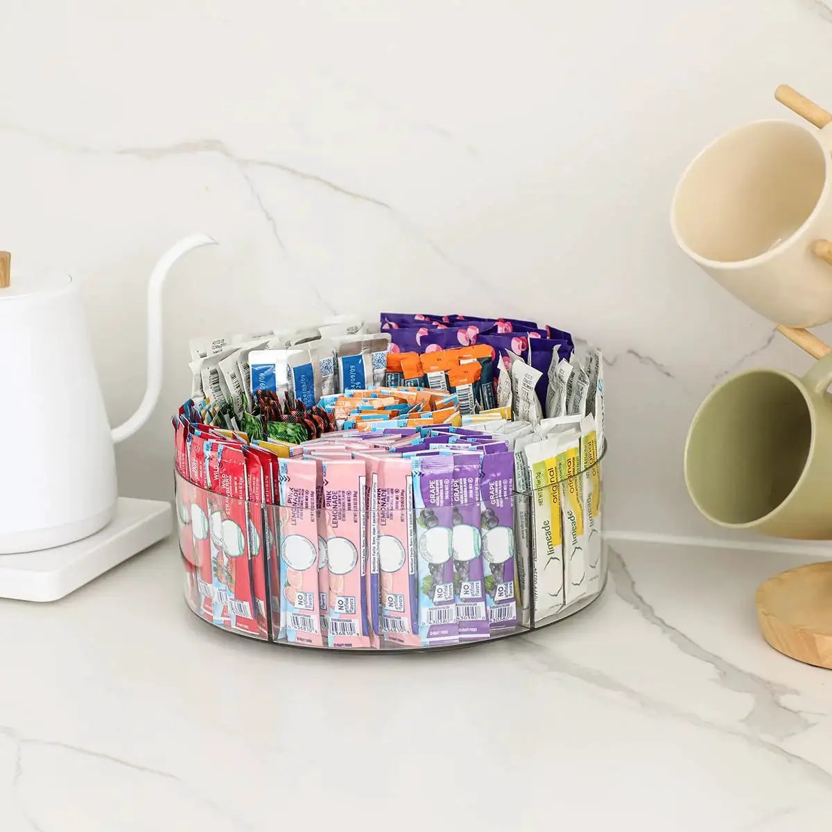 Extra Large Drink Packet Organizer With 360 Degree Rotating Lazy Susan Turntable Acrylic Pantry Organizer for kitchen countertop.