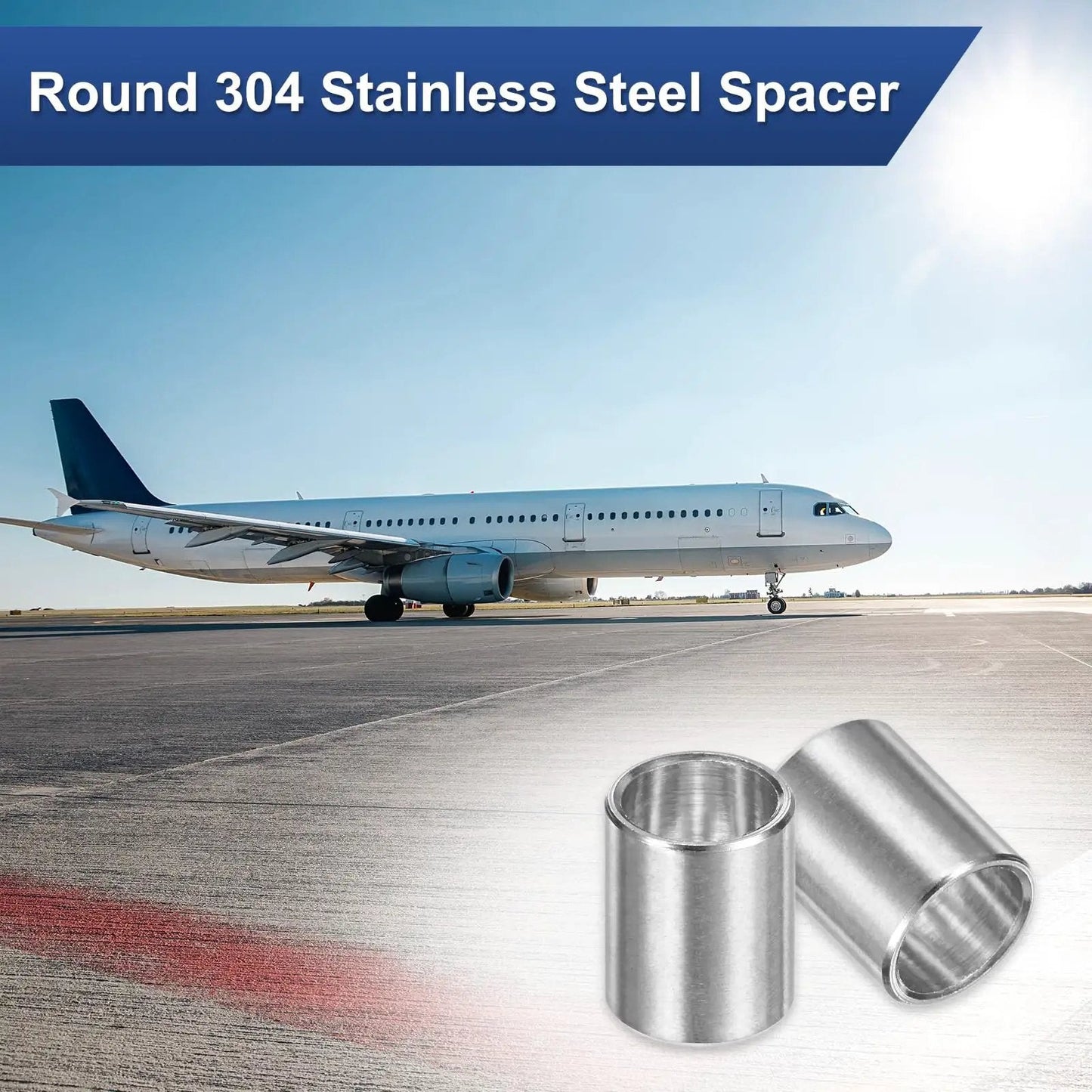 8Pcs M8 304 Stainless Steel Spacers Set, 8mm ID x 10mm OD x 12mm Length, shown with airplane on tarmac