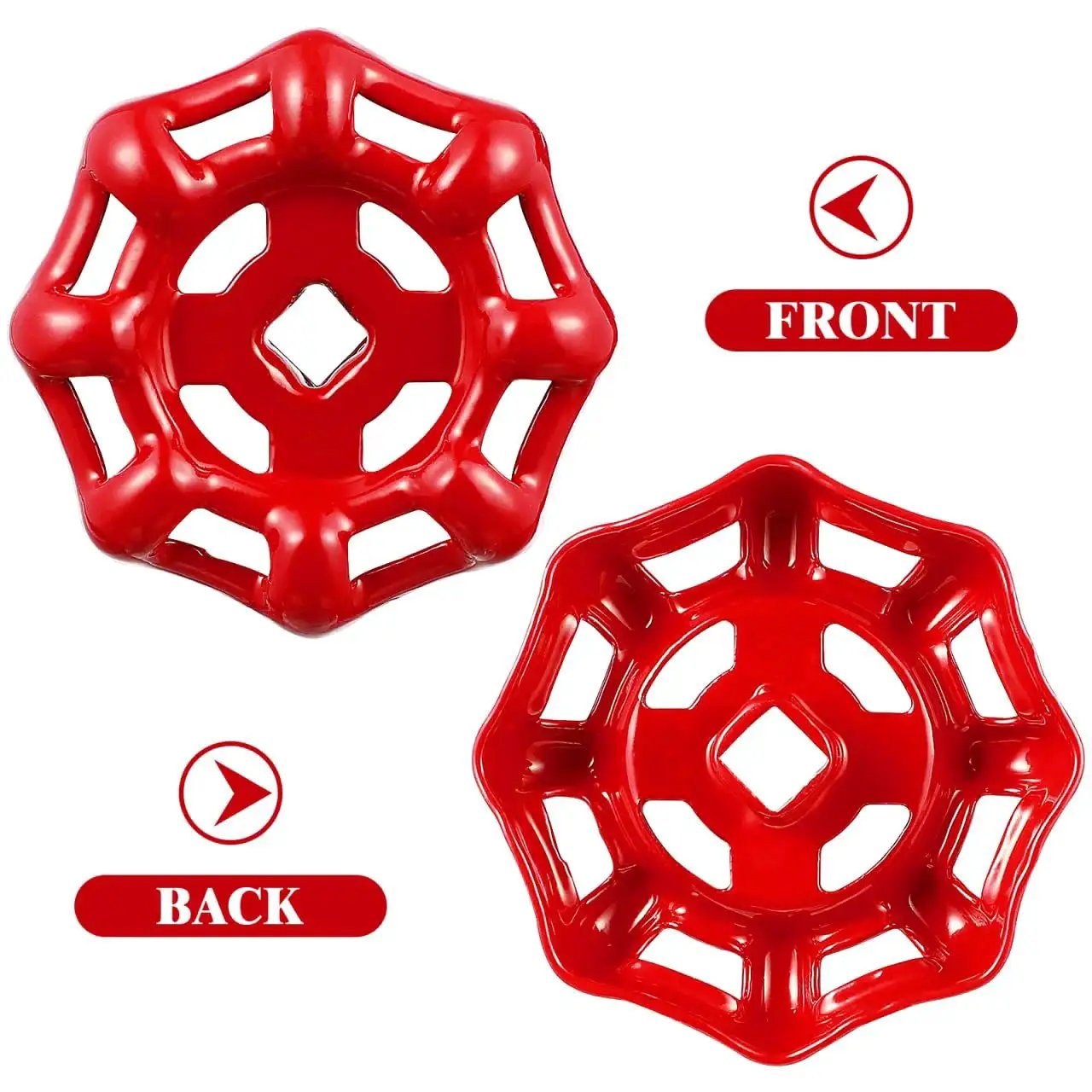 Front and back view of a red cast iron round wheel handle for 10 Pack Metal Outside Faucet Round Wheel Handles With Square Broach