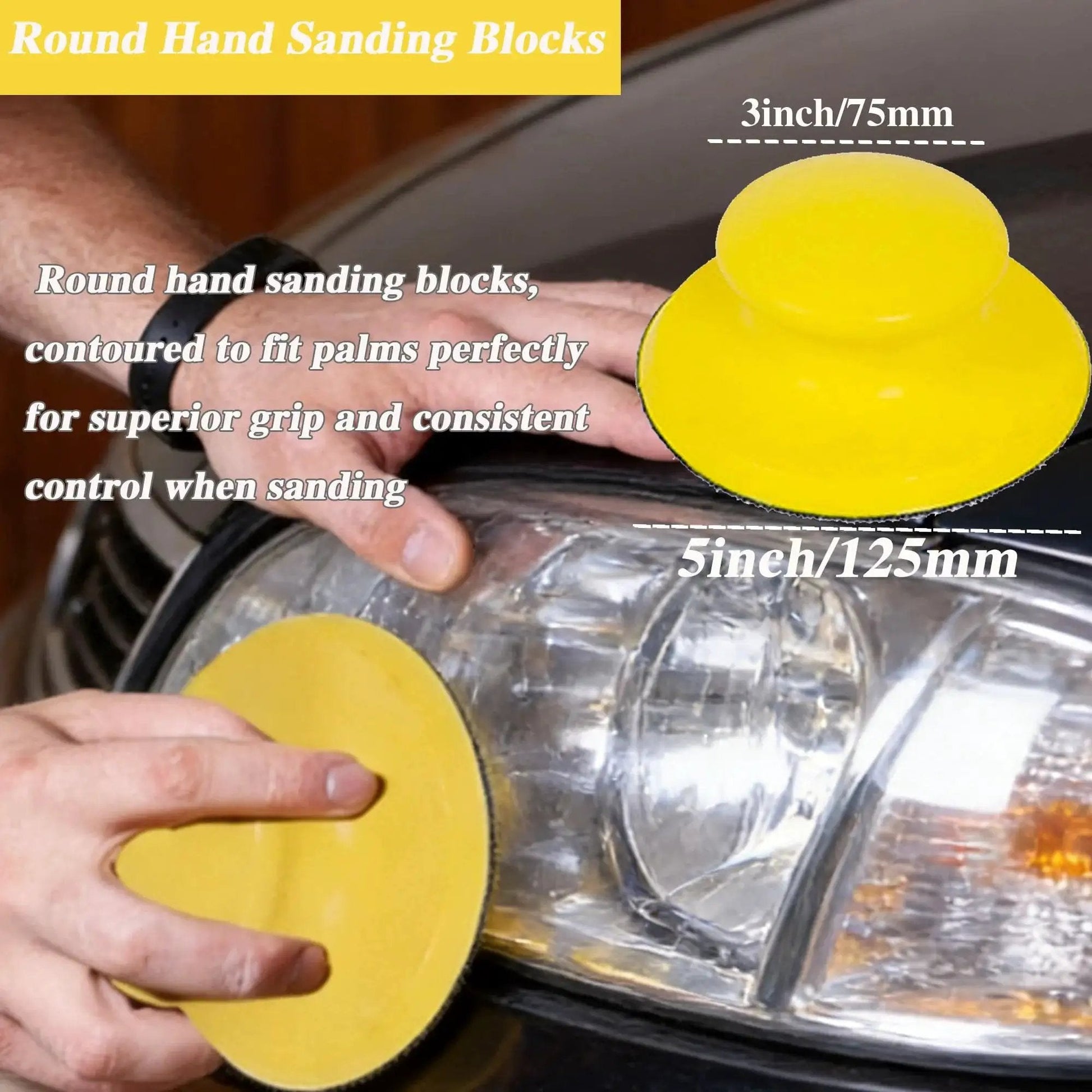 Person using 5 Inch Hook And Loop Sanding Discs Set 50 Pcs For Wet Dry Polishing on car headlight with yellow hand sanding block.