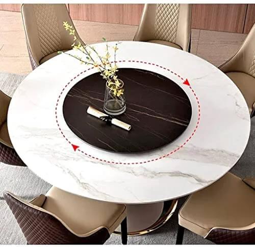 Aluminum Alloy Lazy Susan Turntable Bearing on dining table, supporting smooth rotation for large displays, brushed silver finish.