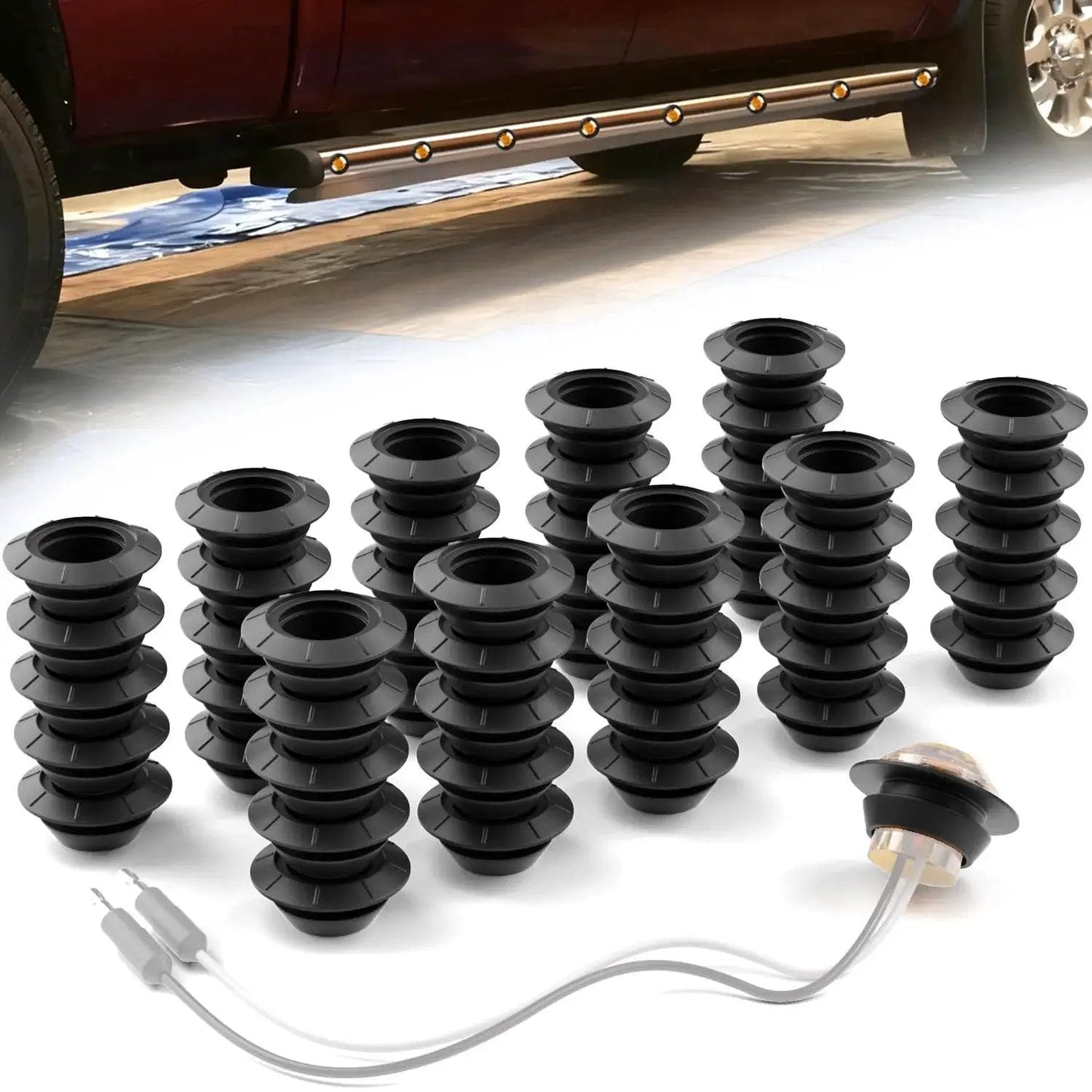 These 3/4 inch round rubber grommets with a waterproof gasket create a tight, weatherproof seal between LED light housings and surfaces