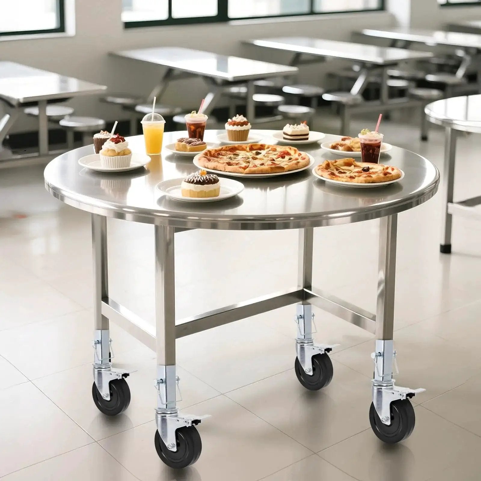 5 Inch Scaffolding Casters Set of 2 With Dual Locking Brakes, heavy duty square stem installed on a stainless steel table.