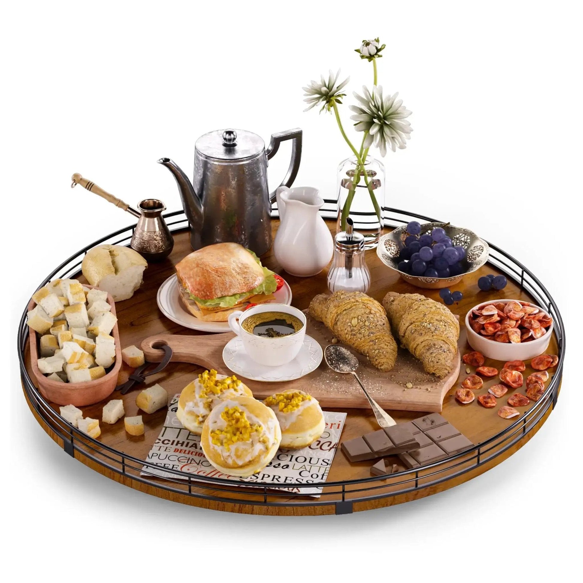 Round 21 Inch Walnut Wooden Lazy Susan Turntable with breakfast items, including croissants, cheese, and grapes, on oak base for decor and storage.