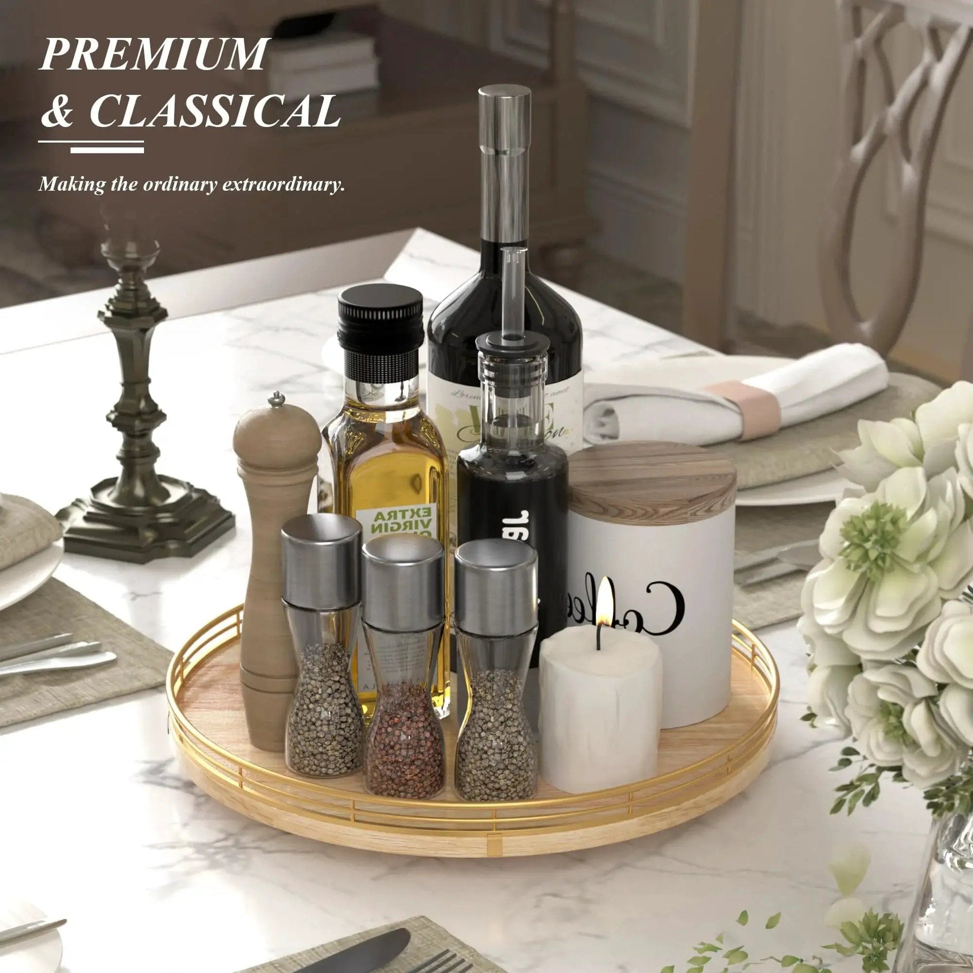 13 Inch Round Wooden Lazy Susan Turntable Organizer with condiments, ideal for cabinet and pantry storage, solid wood kitchen decor.