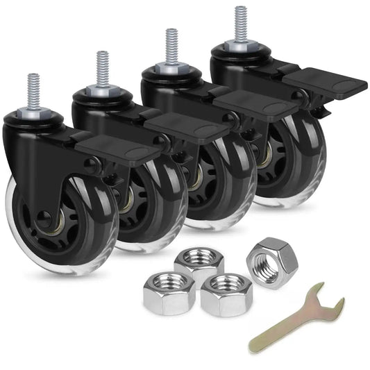 Set of 4: 3 Inch Heavy Duty Rubber Caster Wheels With Brakes For Carts, Dollies And Furniture, with screws and wrench