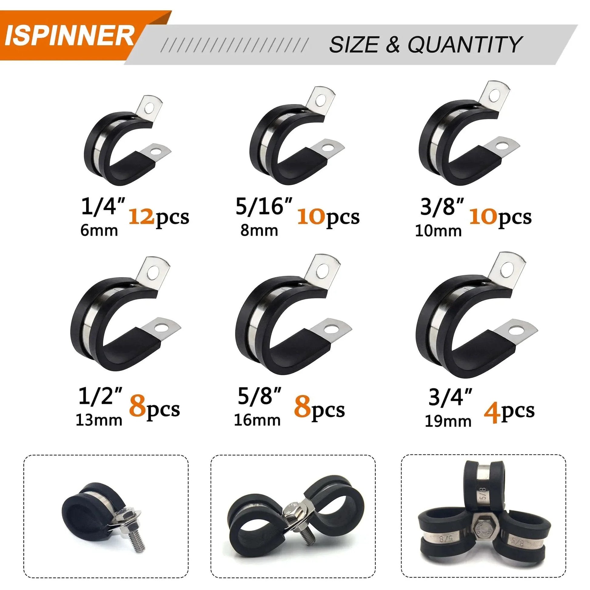 52 Piece Cable Clamps Assortment Kit With 304 Stainless Steel Rubber Cushioned Pipe Clamps In Six Sizes From Quarter Inch To Three Quarter Inch For Copper And PVC Corrosion Resistant And Rust Resistant Durable And Easy To Install