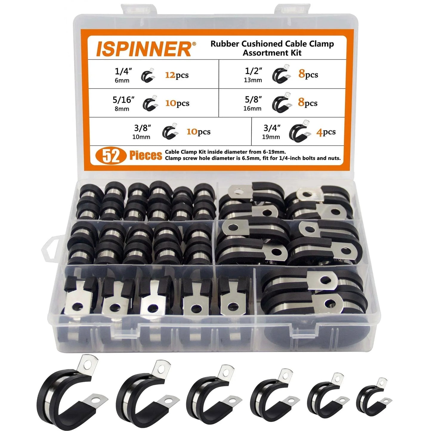 52 Piece Cable Clamps Assortment Kit With 304 Stainless Steel Rubber Cushioned Pipe Clamps In Six Sizes From Quarter Inch To Three Quarter Inch For Copper And PVC Corrosion Resistant And Rust Resistant Durable And Easy To Install in a plastic case