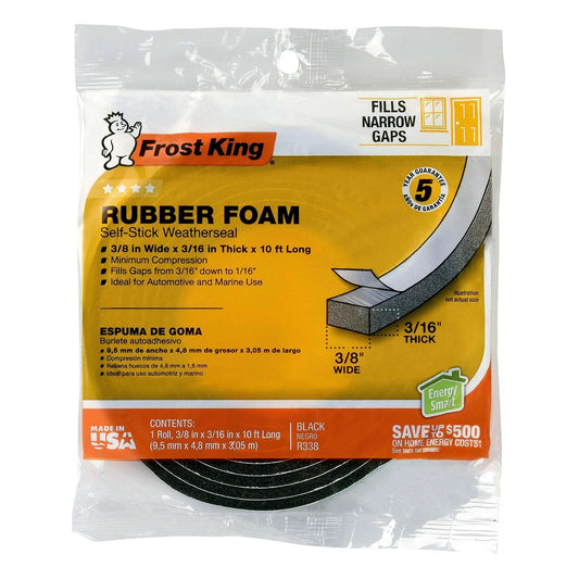 Packaging of Frost King Self-Stick Rubber Foam Weatherseal, 3/8"W, 3/16"T, Black, showing product details and dimensions.