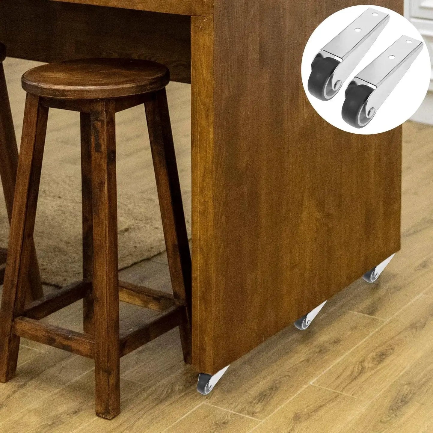 Gate Caster Wheels Replacement Set With Sinking Door Bottom Pulley shown under a wooden cabinet for easy mobility.