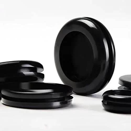 Close-up of black rubber grommets from 188 Piece Rubber Grommet Kit For Wiring Electrical Plumbing Round Hole Seals Waterproof Insulation And Wire Protection.