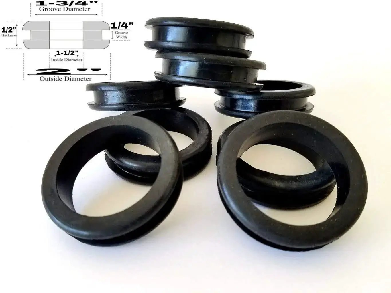 Eight-pack rubber grommets designed for 1-3/4 inch holes shown with detailed measurements diagram